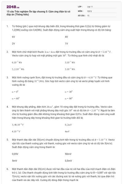 15 câu Trắc nghiệm Ôn tập chương 5: Cảm ứng điện từ có đáp án (Thông hiểu)