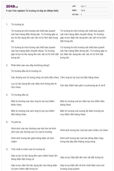 9 câu  Trắc nghiệm Từ trường có đáp án (Nhận biết)