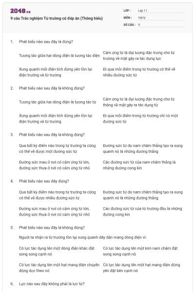 9 câu  Trắc nghiệm Từ trường có đáp án (Thông hiểu)