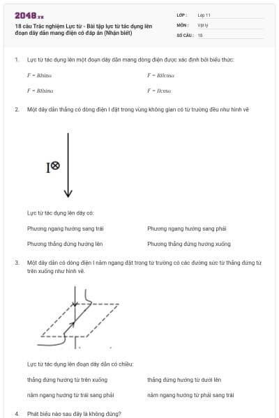 18 câu  Trắc nghiệm Lực từ - Bài tập lực từ tác dụng lên đoạn dây dẫn mang điện có đáp án (Nhận biết)
