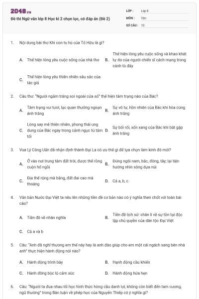 Đề thi Ngữ văn lớp 8 Học kì 2 chọn lọc, có đáp án (Đề 2)