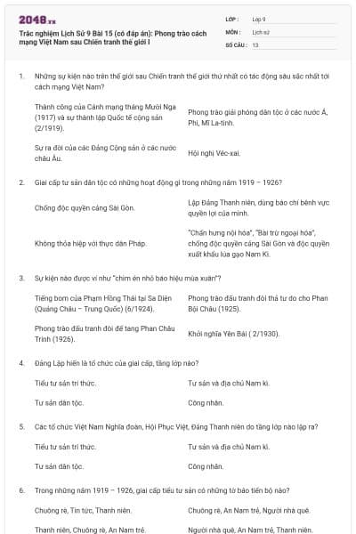 Trắc nghiệm Lịch Sử 9 Bài 15 (có đáp án): Phong trào cách mạng Việt Nam sau Chiến tranh thế giới I