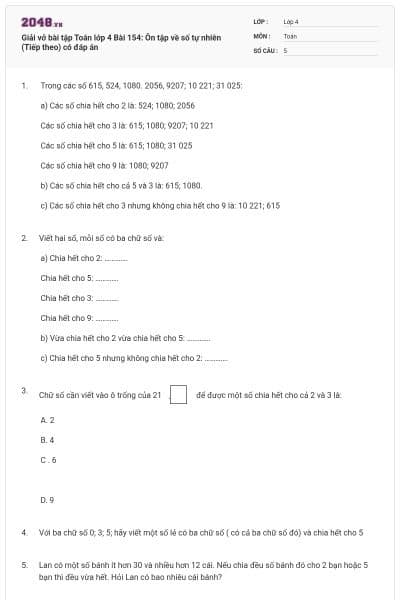 Giải vở bài tập Toán lớp 4 Bài 154: Ôn tập về số tự nhiên (Tiếp theo) có đáp án