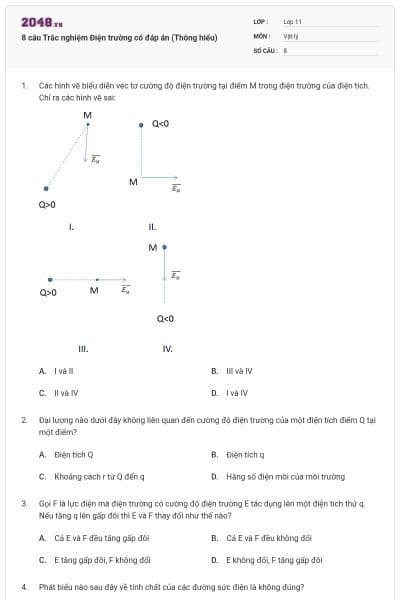 8 câu Trắc nghiệm Điện trường có đáp án (Thông hiểu)