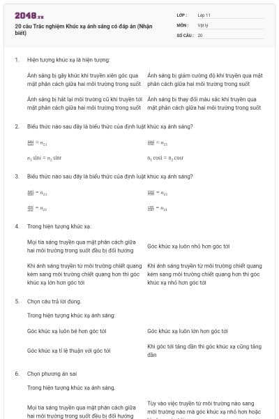 20 câu  Trắc nghiệm Khúc xạ ánh sáng có đáp án (Nhận biết)