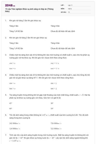 15 câu  Trắc nghiệm Khúc xạ ánh sáng có đáp án (Thông hiểu)
