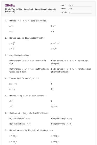 20 câu Trắc nghiệm Hàm số mũ. Hàm số Logarit có đáp án (Nhận biết)