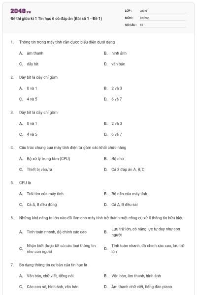 Đề thi giữa kì 1 Tin học 6 có đáp án (Bài số 1 - Đề 1)