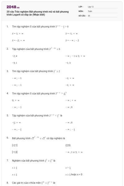 20 câu Trắc nghiệm Bất phương trình mũ và bất phương trình Logarit có đáp án (Nhận biết)