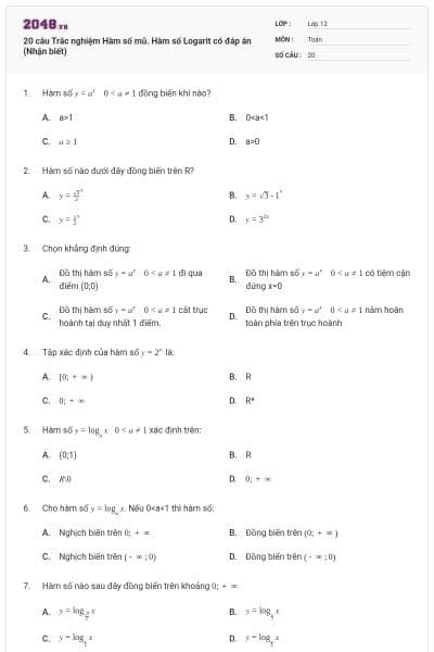 20 câu Trắc nghiệm Hàm số mũ. Hàm số Logarit có đáp án (Nhận biết)