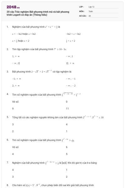 20 câu Trắc nghiệm Bất phương trình mũ và bất phương trình Logarit có đáp án (Thông hiểu)
