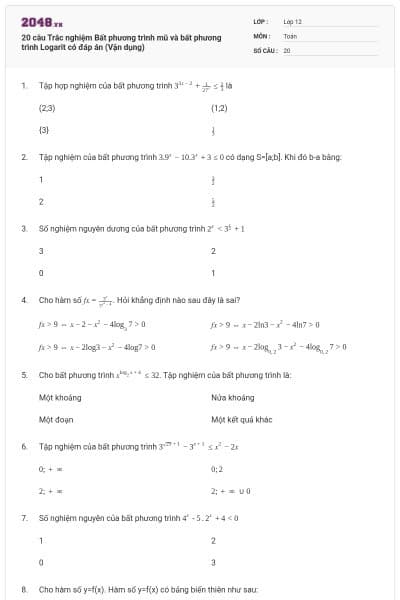 20 câu Trắc nghiệm Bất phương trình mũ và bất phương trình Logarit có đáp án (Vận dụng)