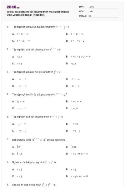 20 câu Trắc nghiệm Bất phương trình mũ và bất phương trình Logarit có đáp án (Nhận biết)