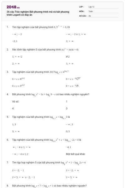 26 câu Trắc nghiệm Bất phương trình mũ và bất phương trình Logarit có đáp án