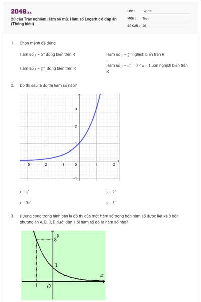 20 câu Trắc nghiệm Hàm số mũ. Hàm số Logarit có đáp án (Thông hiểu)