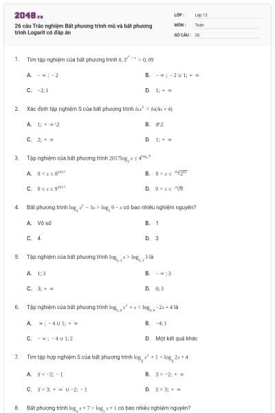 26 câu Trắc nghiệm Bất phương trình mũ và bất phương trình Logarit có đáp án