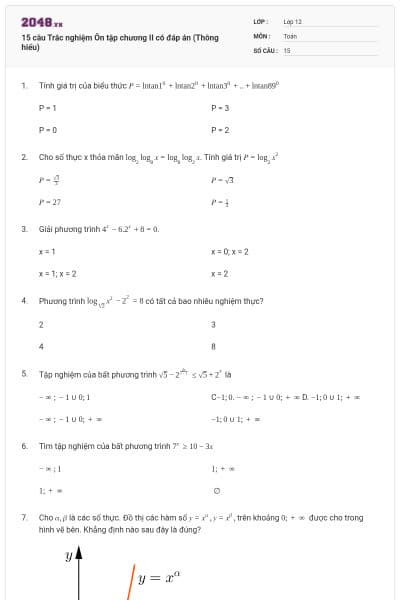 15 câu Trắc nghiệm Ôn tập chương II có đáp án (Thông hiểu)