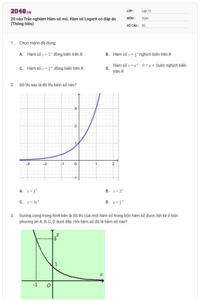 20 câu Trắc nghiệm Hàm số mũ. Hàm số Logarit có đáp án (Thông hiểu)