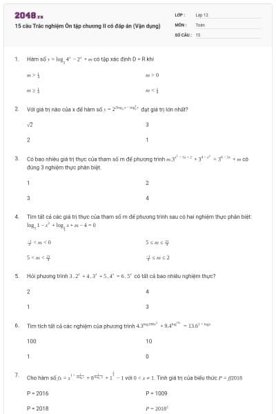 15 câu  Trắc nghiệm Ôn tập chương II có đáp án (Vận dụng)