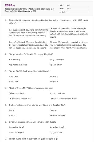 Trắc nghiệm Lịch Sử 9 Bài 17 (có đáp án): Cách mạng Việt Nam trước khi Đảng Cộng sản ra đời