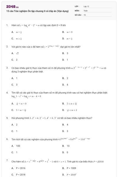 15 câu  Trắc nghiệm Ôn tập chương II có đáp án (Vận dụng)