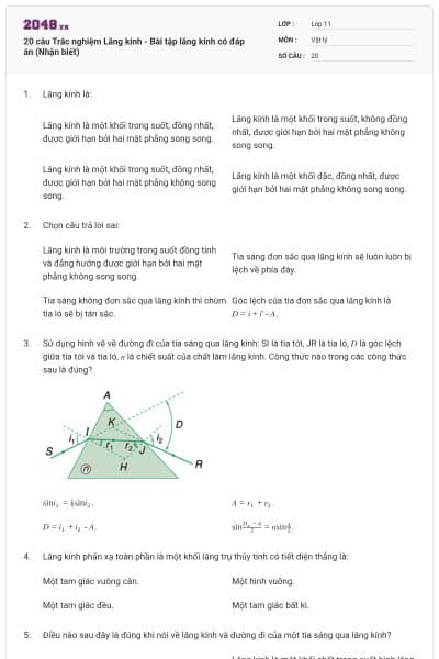 20 câu Trắc nghiệm Lăng kính - Bài tập lăng kính có đáp án (Nhận biết)