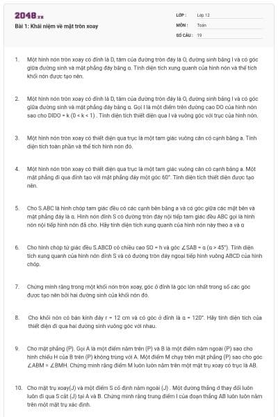 Bài 1: Khái niệm về mặt tròn xoay