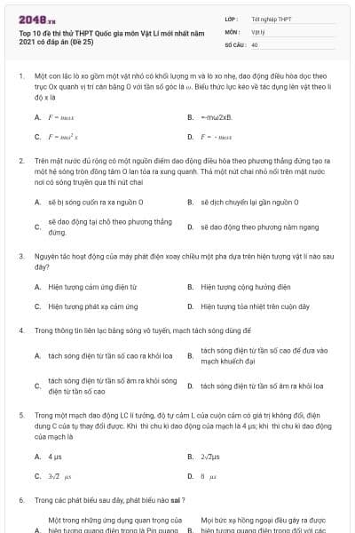 Top 10 đề thi thử THPT Quốc gia môn Vật Lí mới nhất năm 2021 có đáp án (Đề 25)