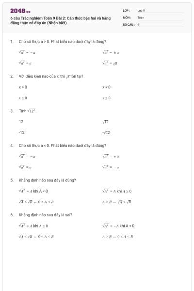6 câu Trắc nghiệm Toán 9 Bài 2: Căn thức bậc hai và hằng đẳng thức có đáp án (Nhận biết)