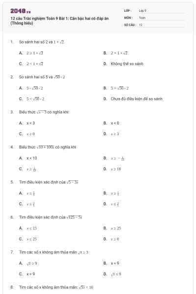 12 câu Trắc nghiệm Toán 9 Bài 1: Căn bậc hai có đáp án (Thông hiểu)
