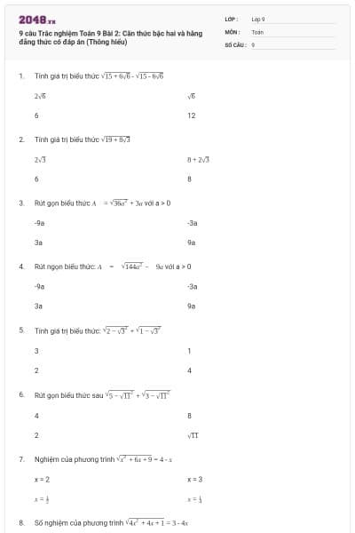 9 câu Trắc nghiệm Toán 9 Bài 2: Căn thức bậc hai và hằng đẳng thức có đáp án (Thông hiểu)