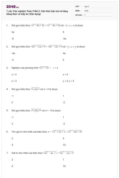 7 câu Trắc nghiệm Toán 9 Bài 2: Căn thức bậc hai và hằng đẳng thức có đáp án (Vận dụng)