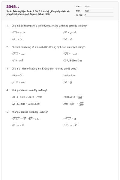 5 câu Trắc nghiệm Toán 9 Bài 3: Liên hệ giữa phép nhân và phép khai phương có đáp án (Nhận biết)