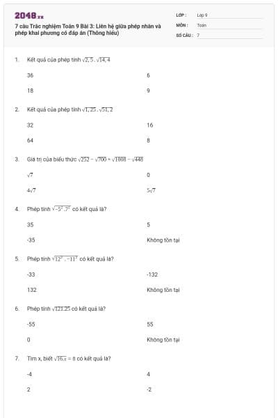 7 câu Trắc nghiệm Toán 9 Bài 3: Liên hệ giữa phép nhân và phép khai phương có đáp án (Thông hiểu)