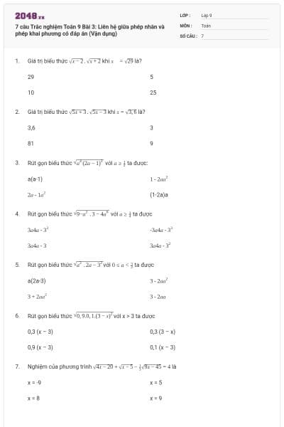 7 câu Trắc nghiệm Toán 9 Bài 3: Liên hệ giữa phép nhân và phép khai phương có đáp án (Vận dụng)