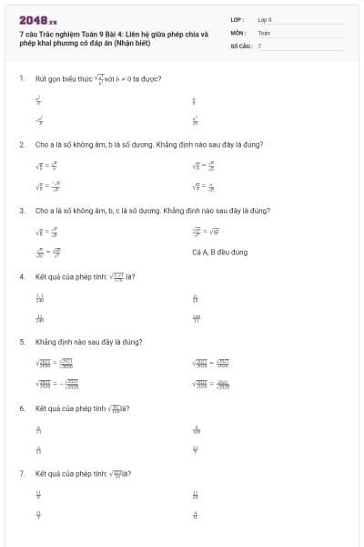7 câu Trắc nghiệm Toán 9 Bài 4: Liên hệ giữa phép chia và phép khai phương có đáp án (Nhận biết)