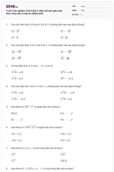 9 câu Trắc nghiệm Toán 9 Bài 6: Biến đổi đơn giản biểu thức chứa căn có đáp án (Nhận biết)