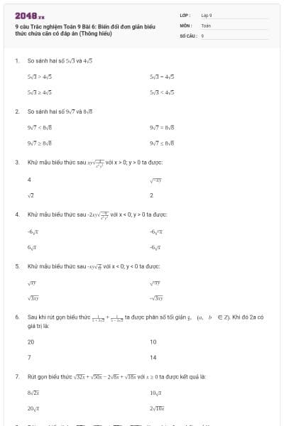 9 câu Trắc nghiệm Toán 9 Bài 6: Biến đổi đơn giản biểu thức chứa căn có đáp án (Thông hiểu)