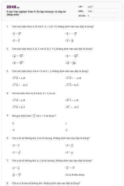 9 câu Trắc nghiệm Toán 9: Ôn tập chương I có đáp án (Nhận biết)