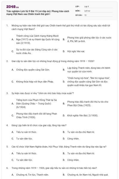 Trắc nghiệm Lịch Sử 9 Bài 15 (có đáp án): Phong trào cách mạng Việt Nam sau Chiến tranh thế giới I