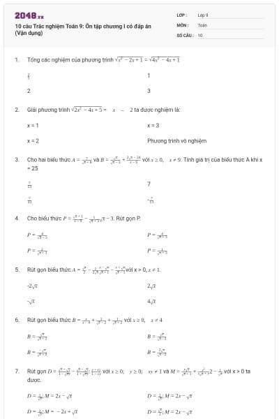 10 câu Trắc nghiệm Toán 9: Ôn tập chương I có đáp án (Vận dụng)