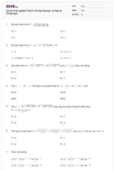 20 câu Trắc nghiệm Toán 9: Ôn tập chương I có đáp án (Tổng hợp)