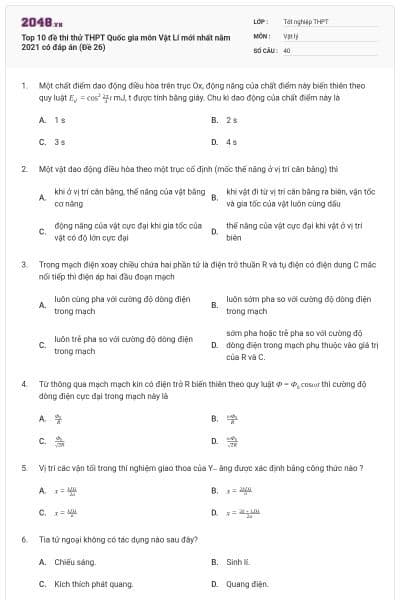 Top 10 đề thi thử THPT Quốc gia môn Vật Lí mới nhất năm 2021 có đáp án (Đề 26)