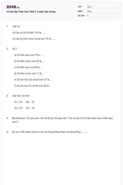 Vở bài tập Toán lớp 2 Bài 9: Luyện tập chung