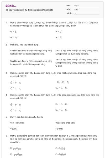 13 câu Trắc nghiệm Tụ điện có đáp án (Nhận biết)