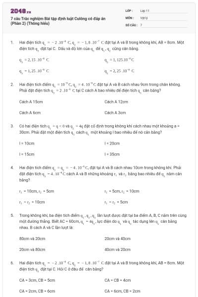7 câu  Trắc nghiệm Bài tập định luật Culông có đáp án (Phần 2) (Thông hiểu)