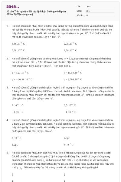 13 câu Trắc nghiệm Bài tập định luật Culông có đáp án (Phần 2) (Vận dụng cao)
