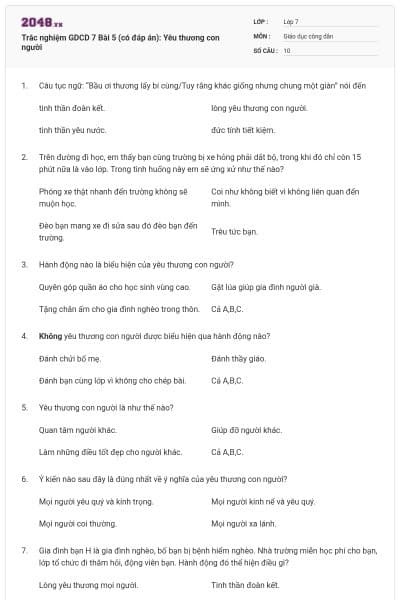 Trắc nghiệm GDCD 7 Bài 5 (có đáp án): Yêu thương con người