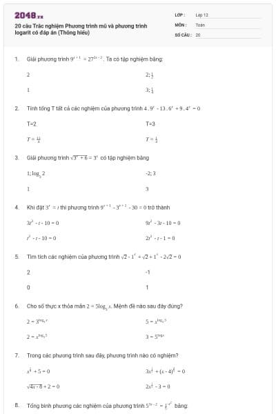 20 câu Trắc nghiệm Phương trình mũ và phương trình logarit có đáp án (Thông hiểu)