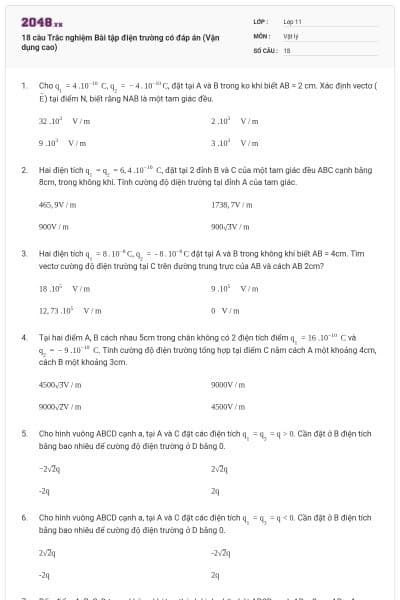 18 câu Trắc nghiệm Bài tập điện trường có đáp án (Vận dụng cao)